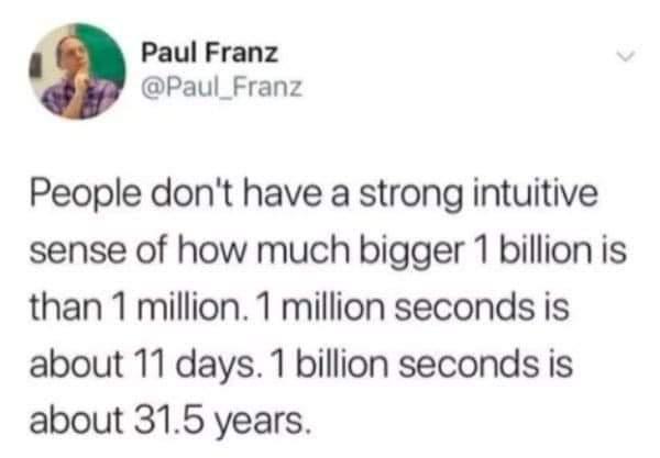 1 Paul Franz Paul_Franz People dont have a strong intuitive sense of how much bigger 1 billion is than 1 million 1 million seconds is about 11 days 1 billion seconds is about 315 years