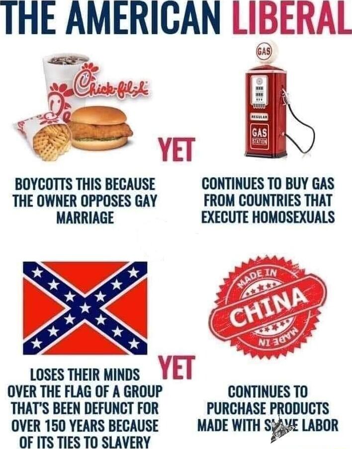 T 44 BOYCOTTS THIS BECAUSE CONTINUES TO BUY GAS THE OWNER OPPOSES GAY FROM COUNTRIES THAT MARRIAGE EXECUTE HOMOSEXUALS LOSES THEIR MINDS OVER THE FLAG OF A GROUP CONTINUES TO THATS BEEN DEFUNCT FOR PURCHASE PRODUCTS OVER 150 YEARS BECAUSE MADE WITH Sp LABOR OF ITS TIES TO SLAVERY