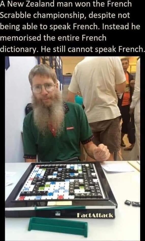 A New Zealand man won the French Scrabble championship despite not being able to speak French Instead he memorised the entire French dictionary He still cannot speak French FactAttack