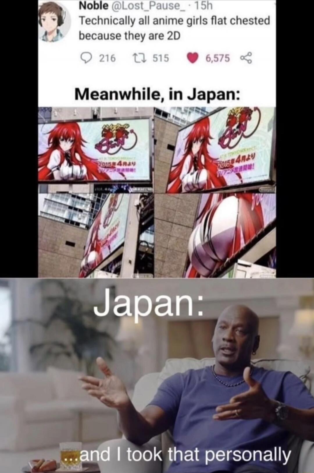 Technically all anime girls flat chested because they are 2D

Meanwhile, in Japan:

Japan:

...and I took that personally