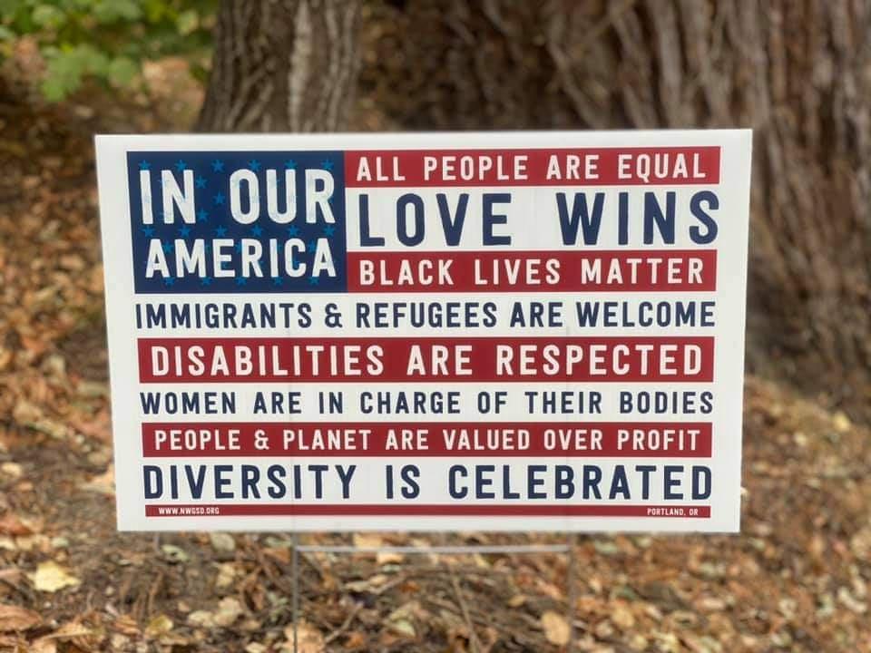 E ok gk ALL PEOPLE ARE EQUAL LR OVE WINS AMERA BLACK LIVES MATTER IMMIGRANTS REFUGEES ARE WELCOME DISABILITIES ARE RESPECTED WOMEN ARE IN CHARGE OF THEIR BODIES DIVERSITY IS CELEBRATED __n _____