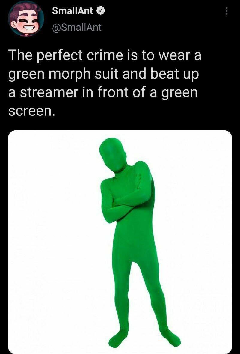 SmallAnt OS EY The perfect crime is to wear a green morph suit and beat up a streamer in front of a green screen