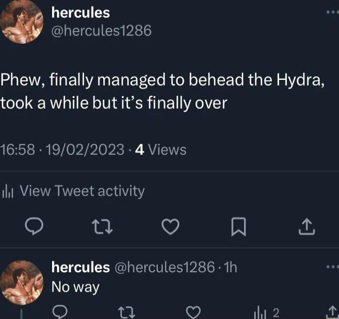 LETTIEN hercules1286 Phew finally managed to behead the Hydra took a while but its finally over 1658 19022023 4 Views il View Tweet activity e V N T EERGR T PR No way a0 Z 27 O i 2