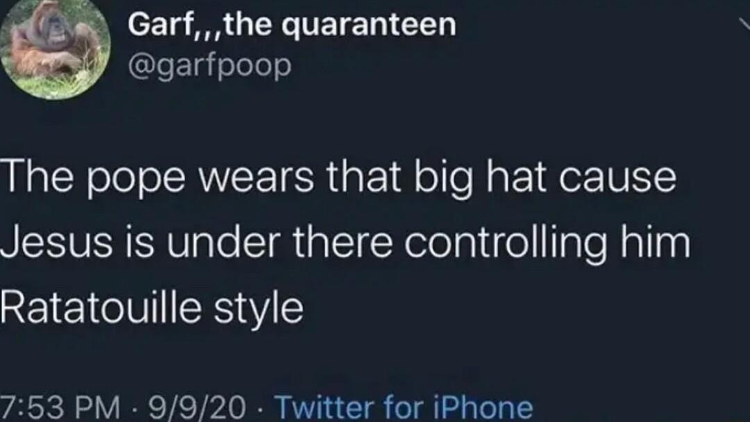 y Garf the quaranteen leEgololoe The pope wears that big hat cause Jesus is under there controlling him Ratatouille style 753 PM 9920 Twitter for iPhone