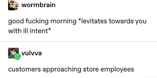 z wormbrain good fucking morning levitates towards you with ill intent vulwa customers approaching store employees