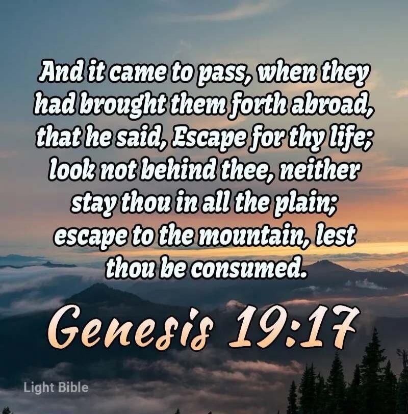 And it came to pass, when they had brought them forth abroad, that he said, Escape for thy life; look not behind thee, neither stay thou in all the plain; escape to the mountain, lest thou be consumed. Genesis 19:17 Light Bible