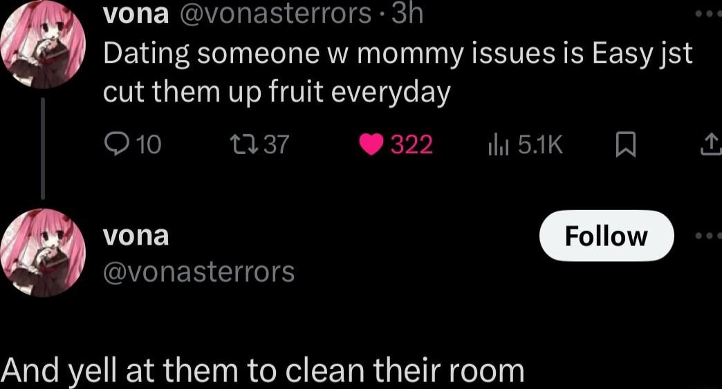 vona vonasterrors 3n 9 Dating someone w mommy issues is Easy jst L cut them up fruit everyday 10 na7 322 5K R o QHER Cliel6 z And yell at them to clean their room