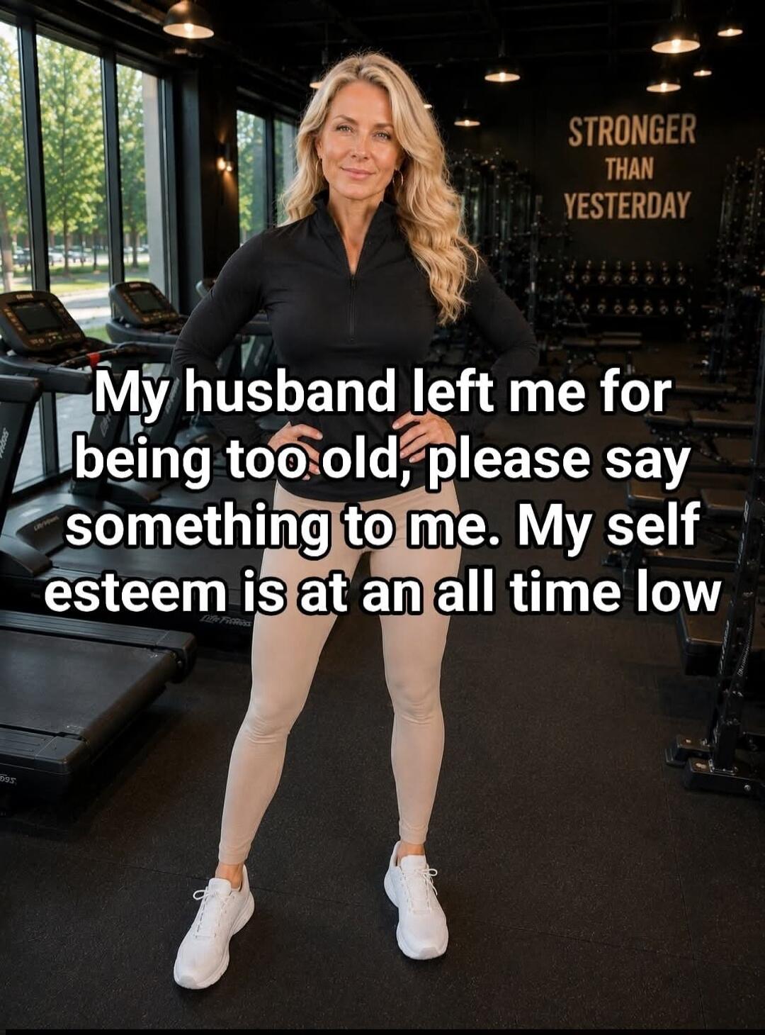 My husband left me for being too old, please say something to me. My self esteem is at an all time low. STRONGER THAN YESTERDAY.