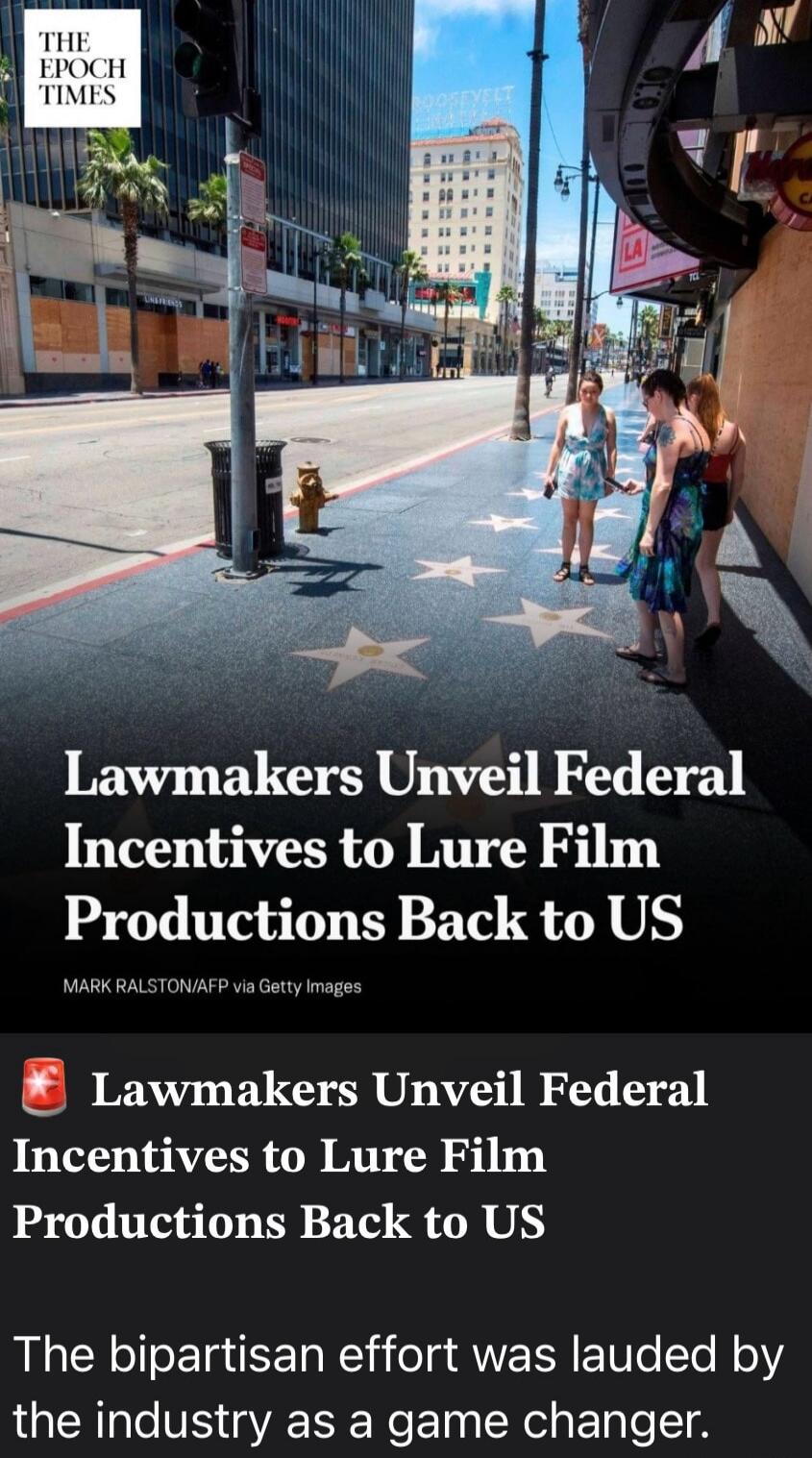 THE EPOCH TIMES Lawmakers Unveil Federal Incentives to Lure Film Productions Back to US MARK RALSTON/AFP via Getty Images The bipartisan effort was lauded by the industry as a game changer. Roosevelt Hard Rock Cafe LA