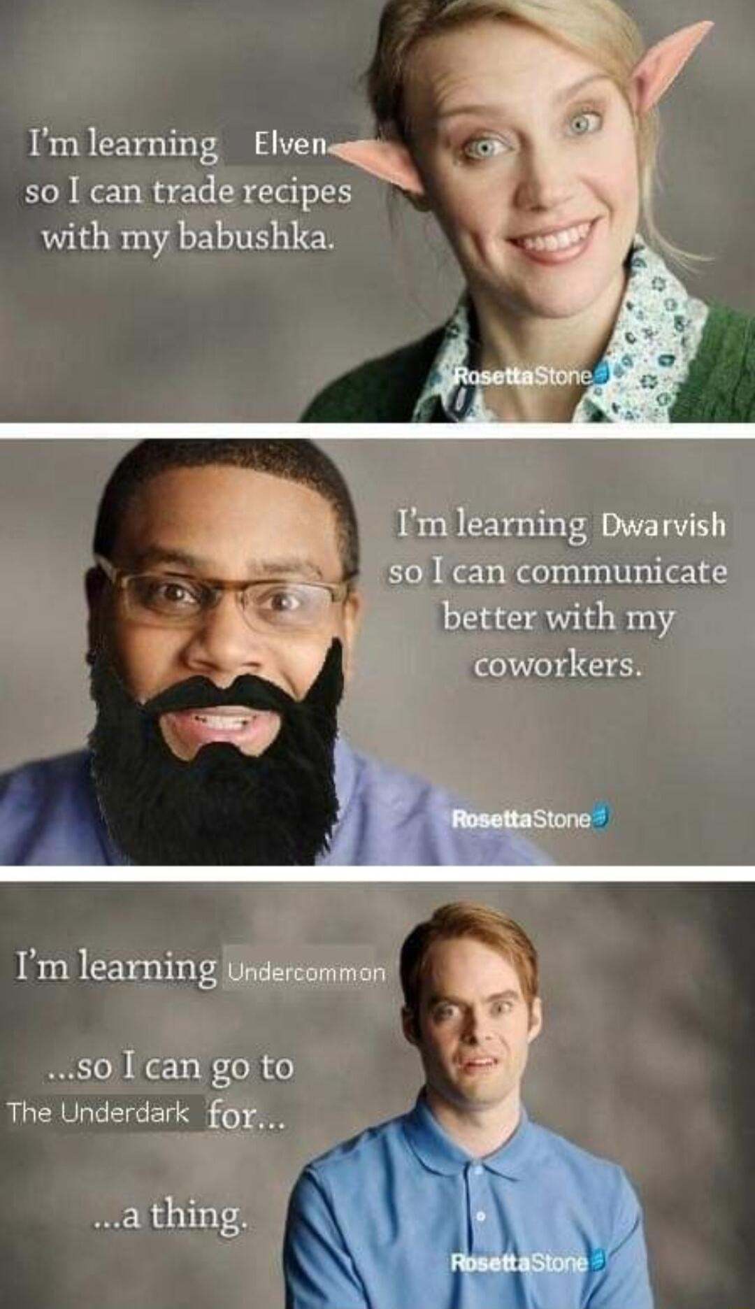 Im learning Elven so I can trade recipes with my babushka better with my coworkers Im learning Undercommen s0 I can go to The Underdark for a thing i