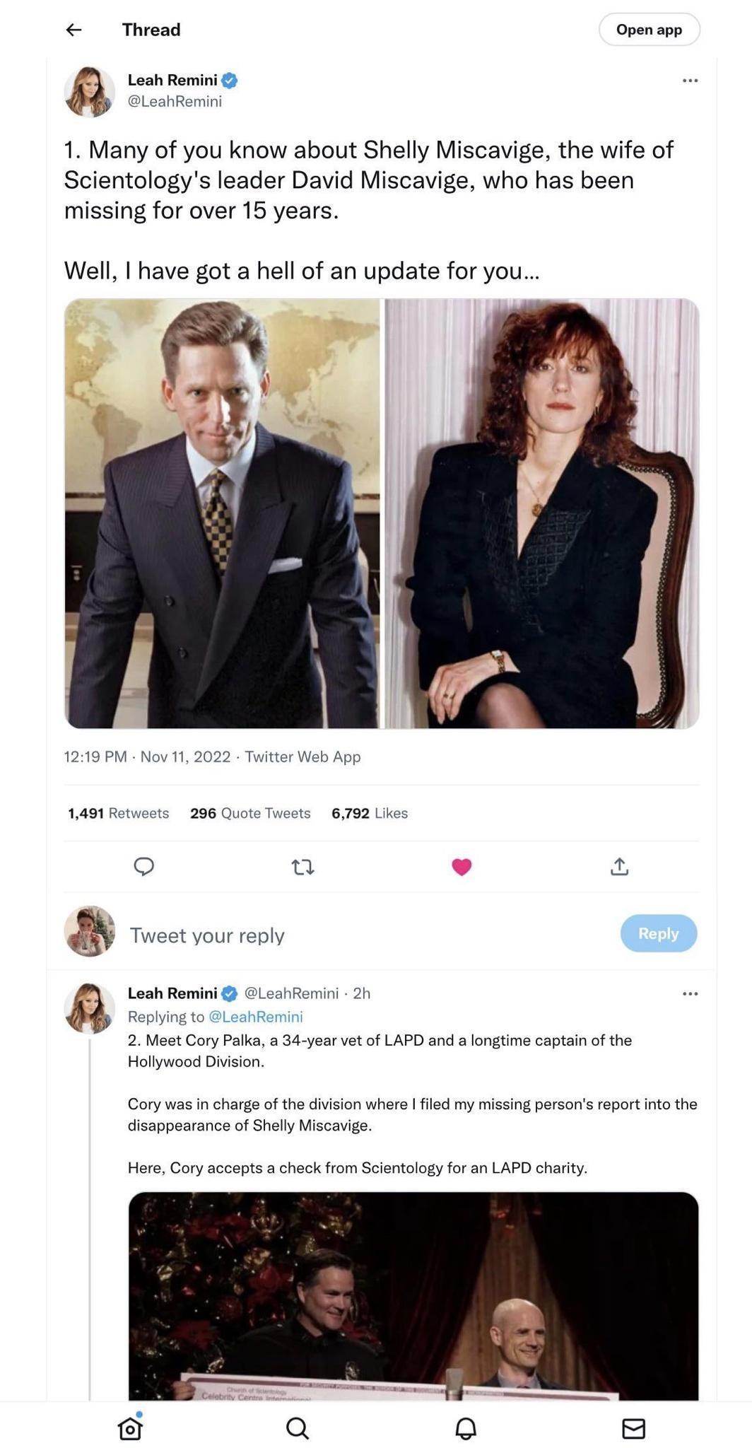 Thread Openoon Leah Remini 1 Many of you know about Shelly Miscavige the wife of Scientologys leader David Miscavige who has been missing for over 15 years Well have got a hel of an update for you N S 1491 26 o o Y Testyour repl P Holywood Dision oy was inchargof the ivision her fed my issing prson apor o the sappesrance of Shlly Miscavie Here Cory acoepts achack rom Scientoloy for an LAPD charty