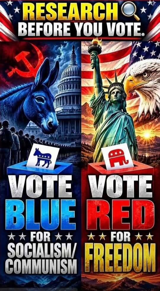 RESEARCH BEFORE YOU VOTE. VOTE BLUE FOR SOCIALISM/COMMUNISM. VOTE RED FOR FREEDOM.