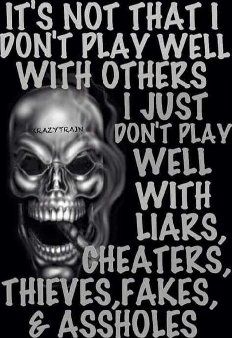 IT'S NOT THAT I DON'T PLAY WELL WITH OTHERS I JUST DON'T PLAY WELL WITH LIARS, CHEATERS, THIEVES, FAKES, & ASSHOLES