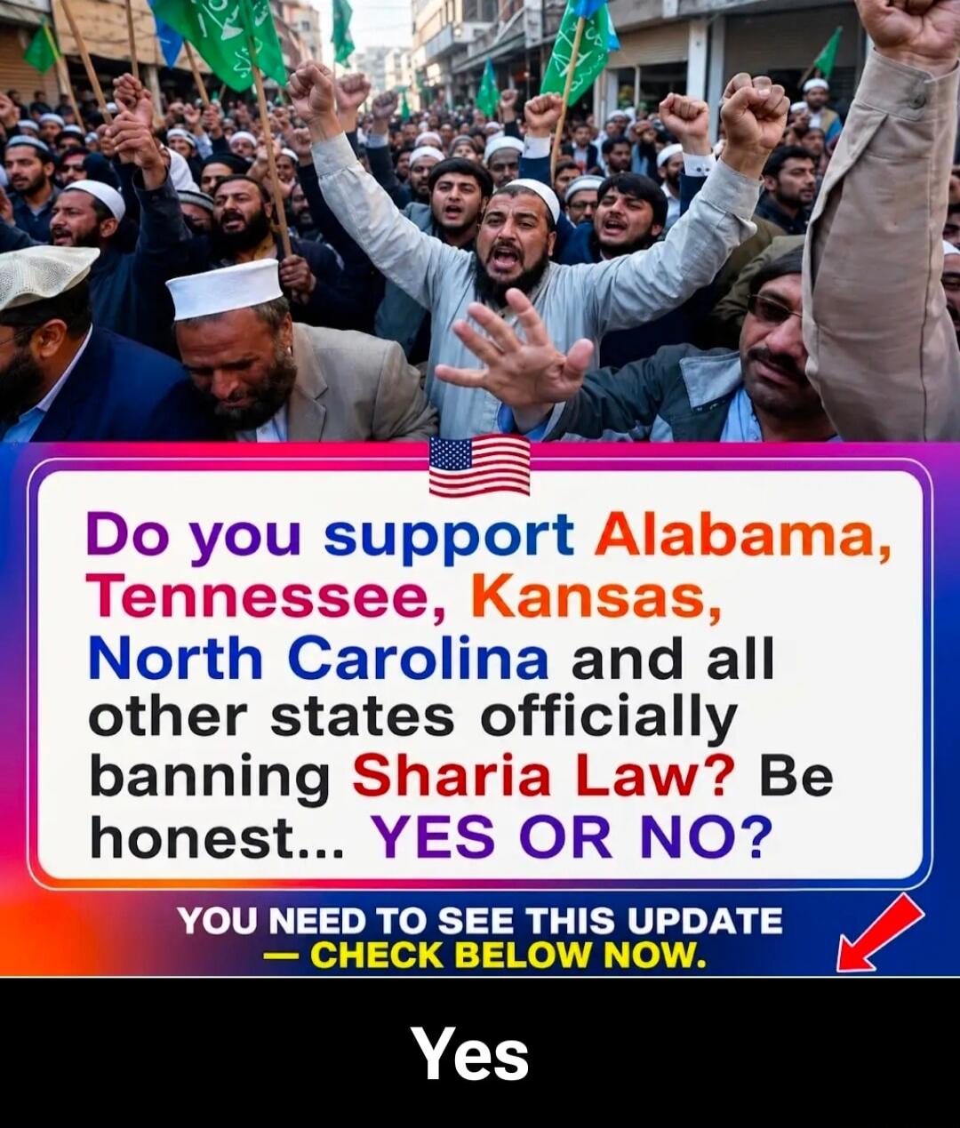 Do you support Alabama, Tennessee, Kansas, North Carolina and all other states officially banning Sharia Law? Be honest... YES OR NO? YOU NEED TO SEE THIS UPDATE - CHECK BELOW NOW. Yes