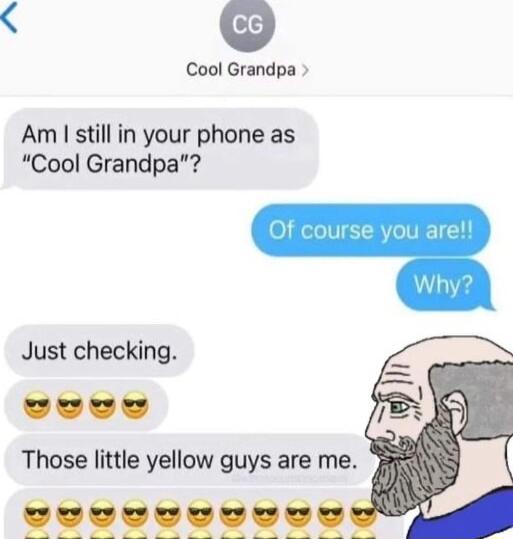 Cool Grandpa Am still in your phone as Cool Grandpa Just checking oooow Those little yellow guys are me G311 1 1 1 1