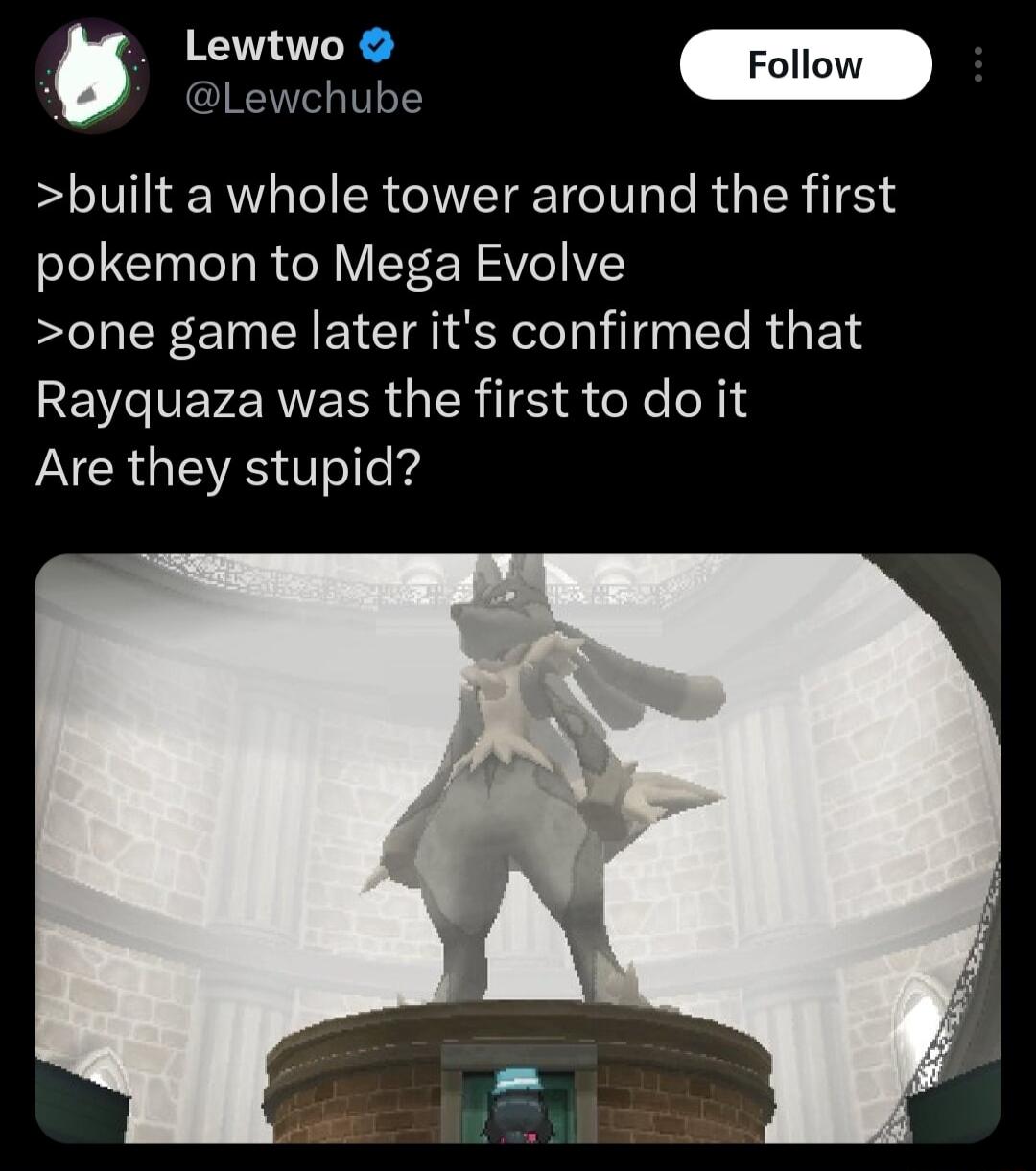 q Lewchube built a whole tower around the first pokemon to Mega Evolve one game later its confirmed that REWCEFEREERI G ER T S X IR GEVESTTSTe