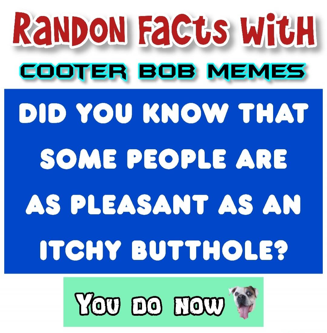 RANDOM FACTS WITH COOTER BOB MEMES\nDID YOU KNOW THAT SOME PEOPLE ARE AS PLEASANT AS AN ITCHY BUTTHOLE?\nYOU DO NOW