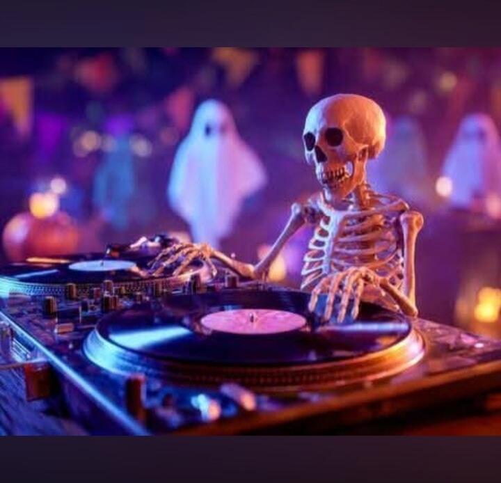 Skeleton DJing at a party with ghosts in the background.