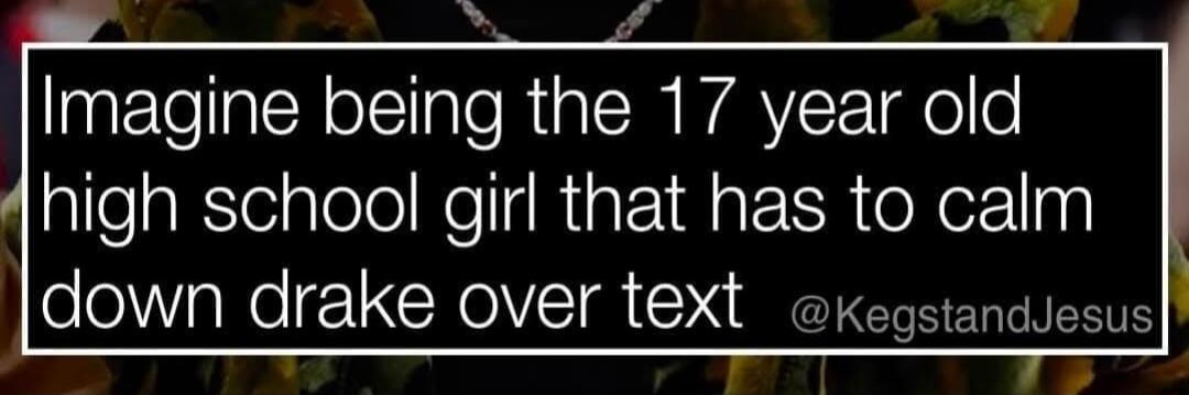 b A il Imagine beingthe 17 year old high school girl that has to calm down drake over text kegstandiesus 14 T