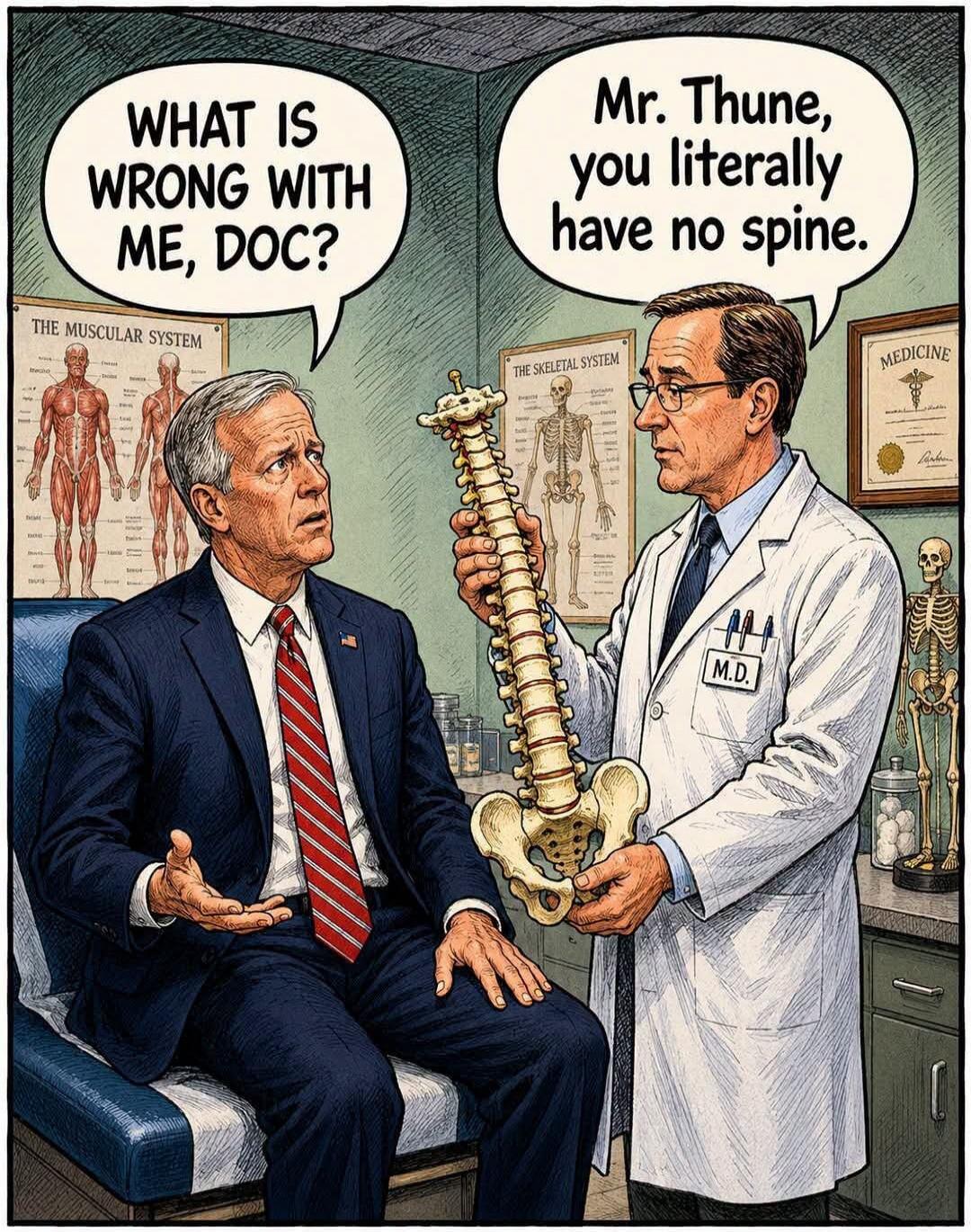 WHAT IS WRONG WITH ME, DOC? Mr. Thune, you literally have no spine. THE MUSCULAR SYSTEM. THE SKELETAL SYSTEM. MEDICINE. M.D.