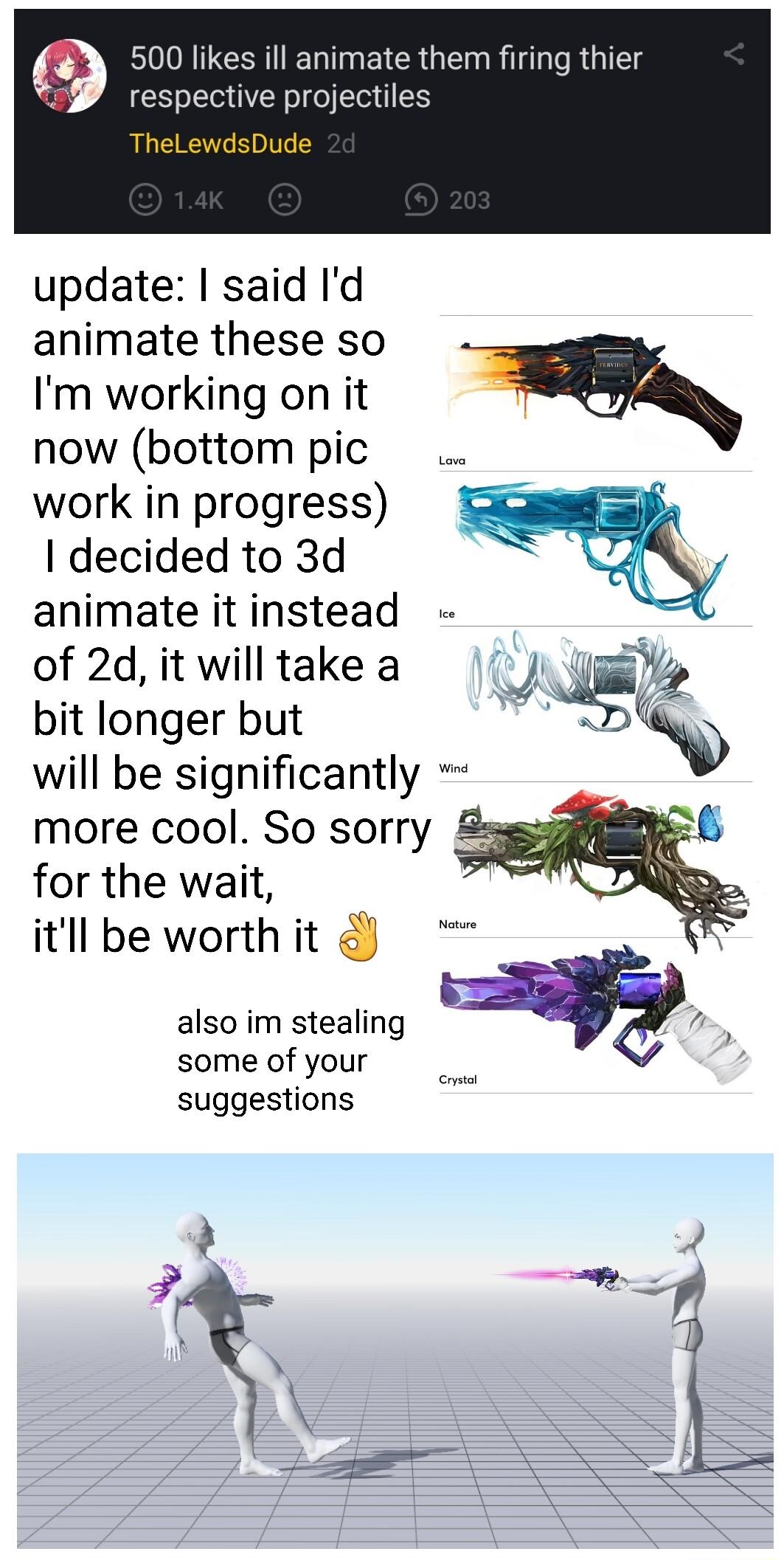 g 500 likes ill animate them firing thier respectlve projectiles update said Id animate these so Im working on it now bottom pic work in progress decided to 3d animate it instead of 2d it will take a bit longer but will be significantly more cool So sorry for the wait itll be worth it also im stealing some of your suggestions