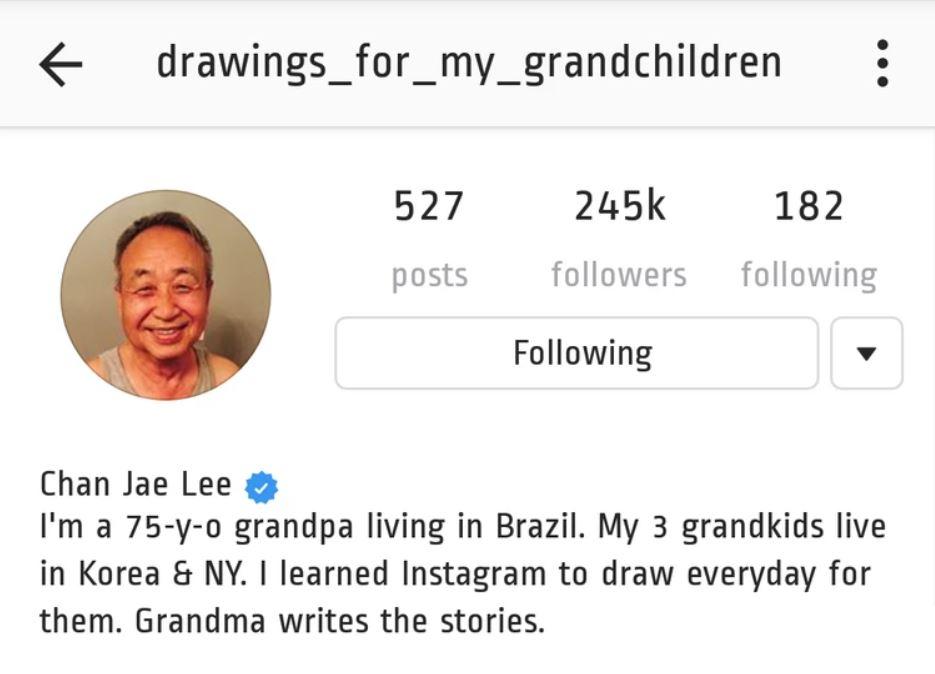 drawings_for_my_grandchildren 527 245k 182 posts followers following Following v Chan Jae Lee Im a 75 y o0 grandpa living in Brazil My 3 grandkids live in Korea NY learned Instagram to draw everyday for them Grandma writes the stories