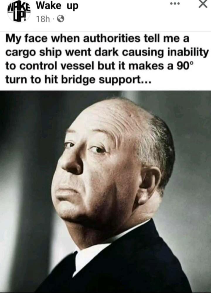 My face when authorities tell me a cargo ship went dark causing inability to control vessel but it makes a 90 turn to hit bridge support