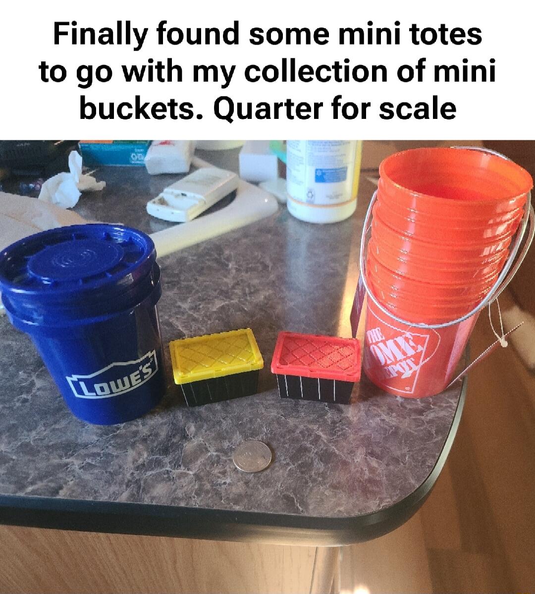 Finally found some mini totes to go with my collection of mini buckets. Quarter for scale
