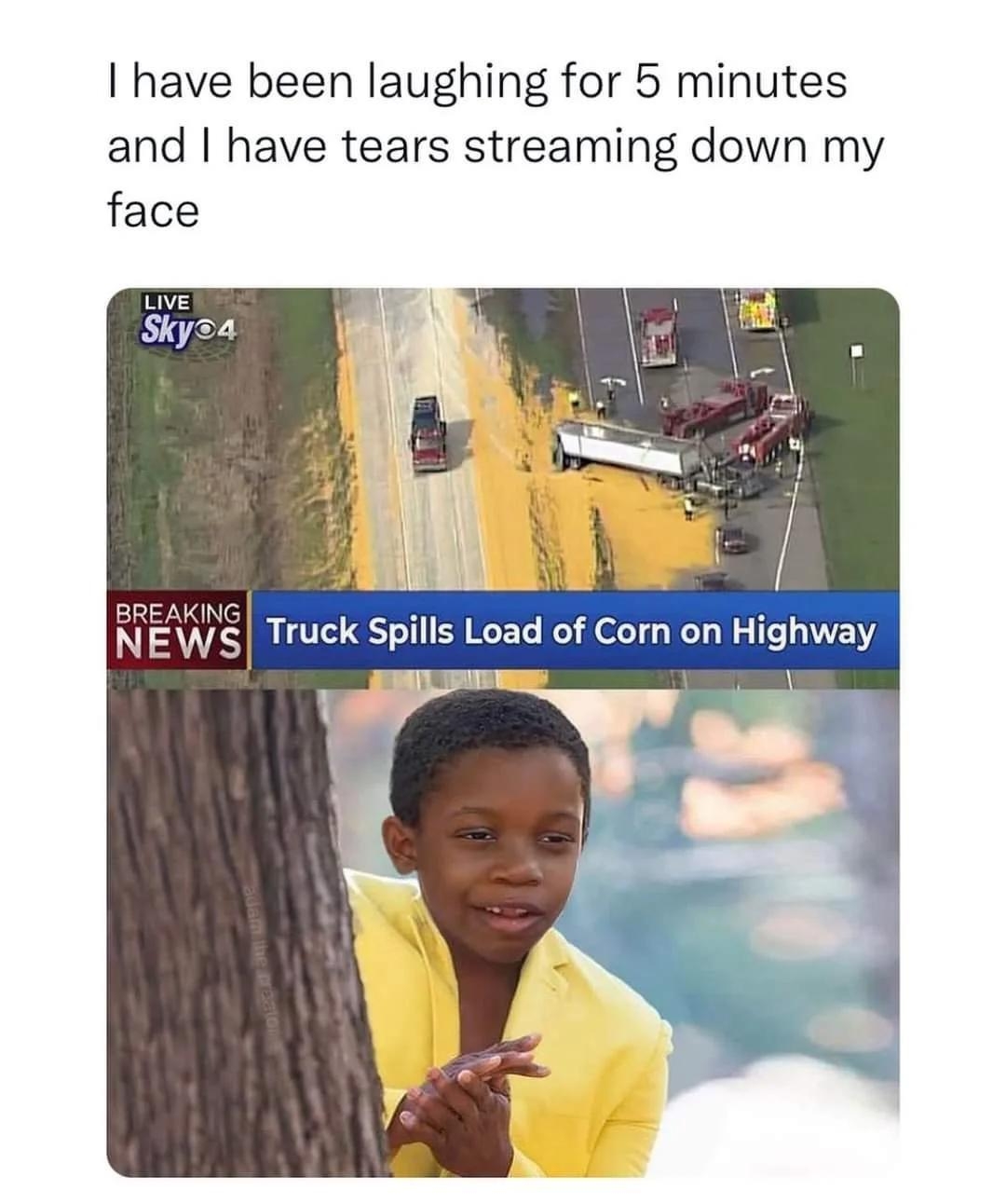have been laughing for 5 minutes and have tears streaming down my face NEW Truck Spills Load of Corn on Highway reddit