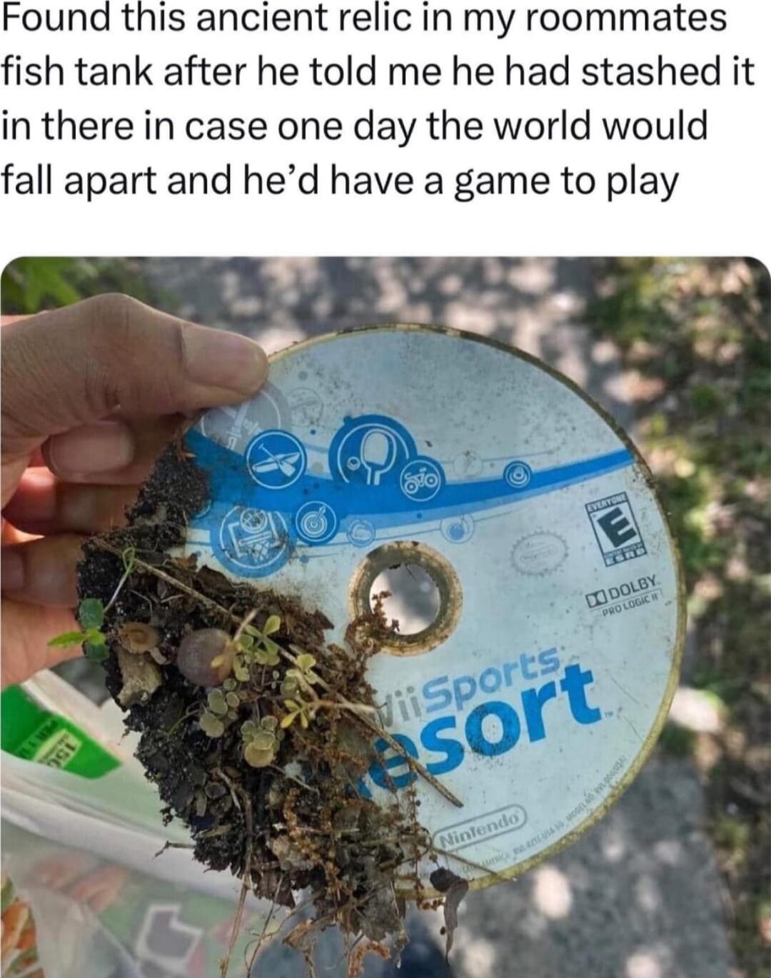 Found this ancient relic in my roommates fish tank after he told me he had stashed it in there in case one day the world would fall apart and hed have a game to play