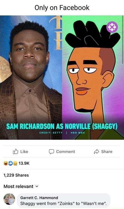 Only on Facebook SAM RICHARDSON AS NORVILLE SHAGGY Like Comment share 0w 139K 1229 Shares Most relevant v A Garrett C Hammond Shaggy went from Zoinks to Wasnt me