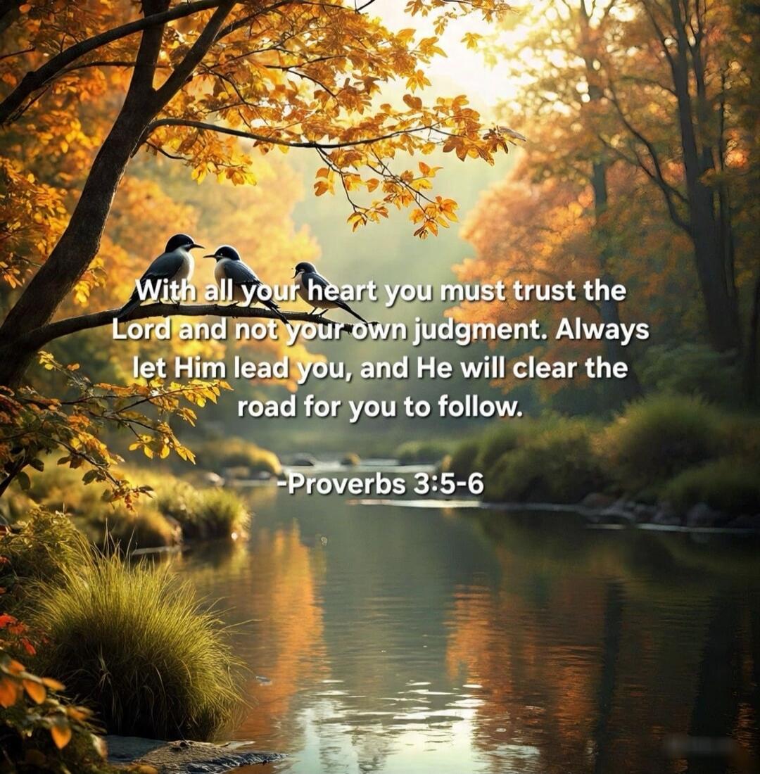 With all your heart you must trust the Lord and not your own judgment. Always let Him lead you, and He will clear the road for you to follow.

-Proverbs 3:5-6