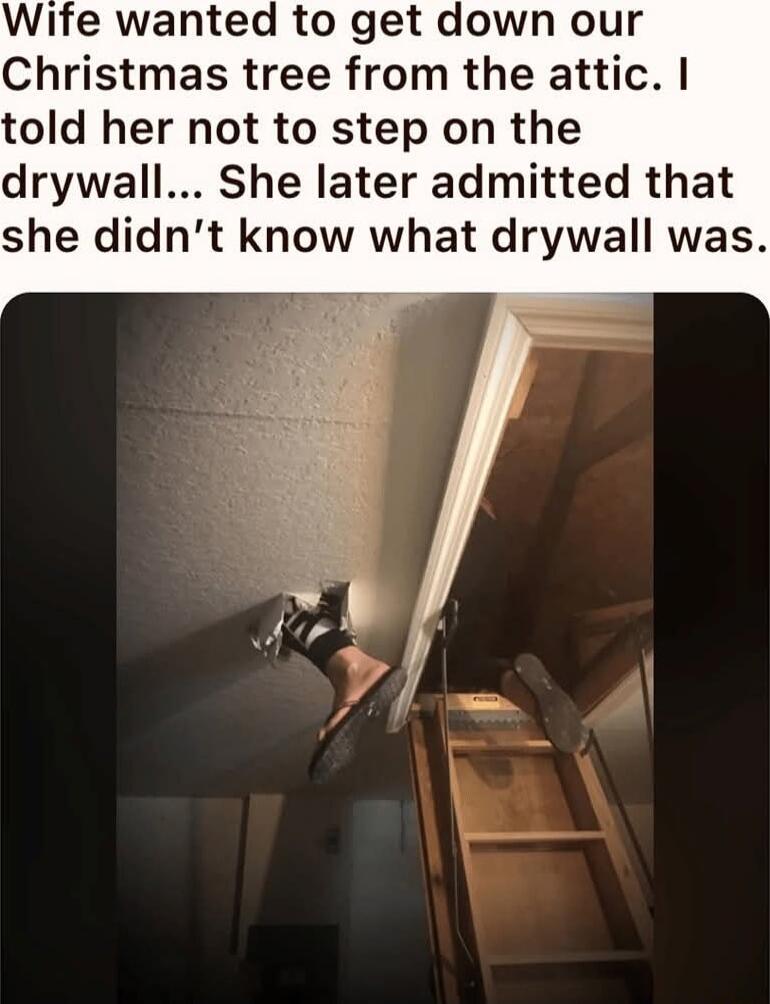 Wife wanted to get down our Christmas tree from the attic told her not to step on the drywall She later admitted that she didnt know what drywall was