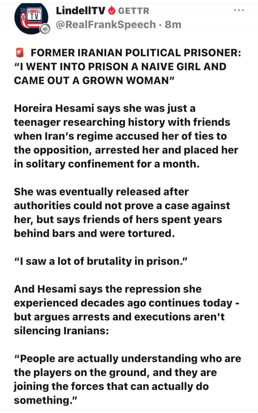 LindellTV GETTR @RealFrankSpeech · 8m FORMER IRANIAN POLITICAL PRISONER: 