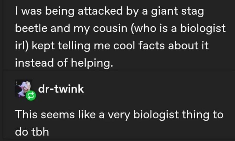 was being attacked by a giant stag beetle and my cousin who is a biologist irl kept telling me cool facts about it CEL RG TR dr twink This seems like a very biologist thing to eleRiolg