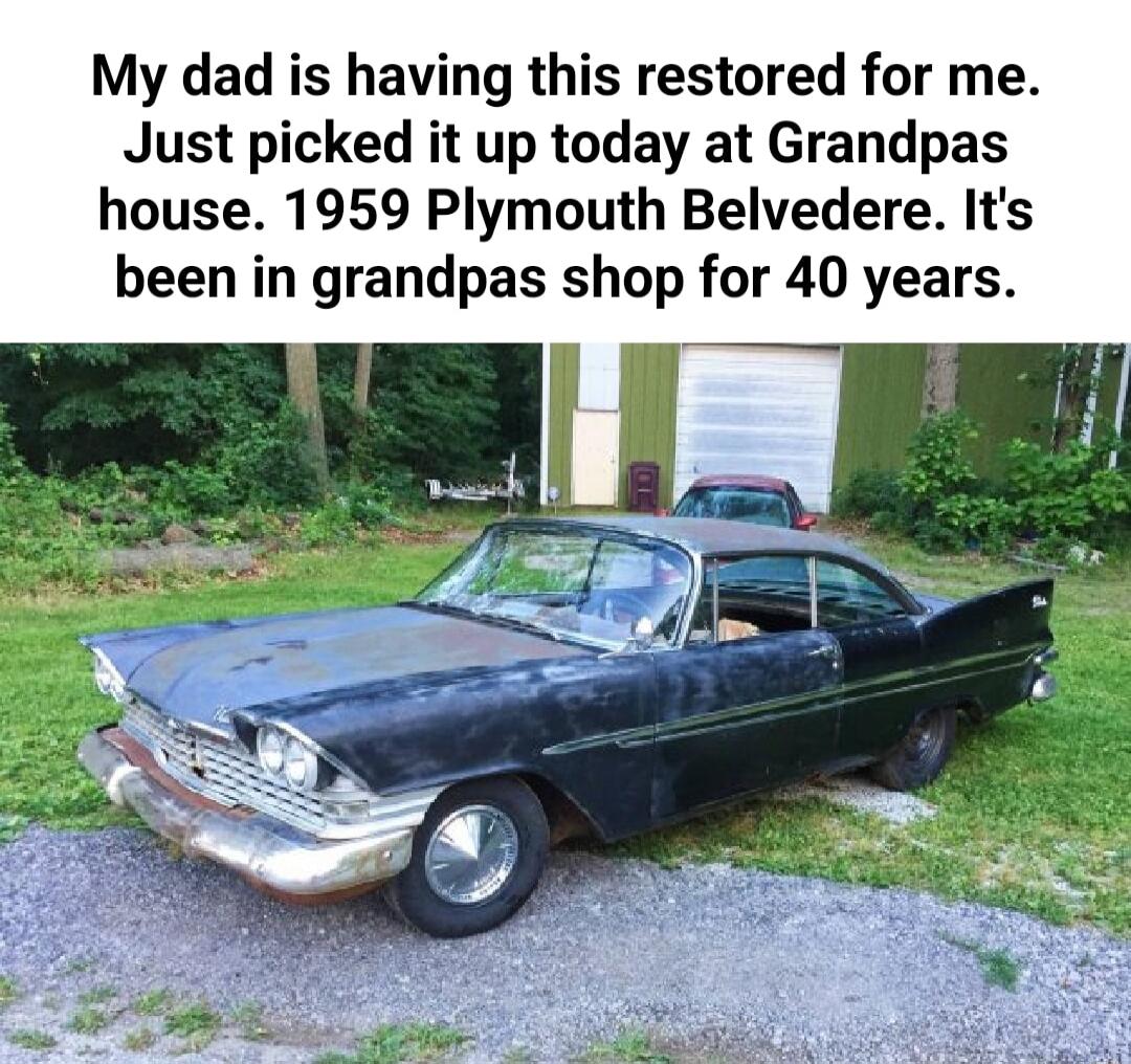 My dad is having this restored for me Just picked it up today at Grandpas house 1959 Plymouth Belvedere Its been in grandpas shop for 40 years