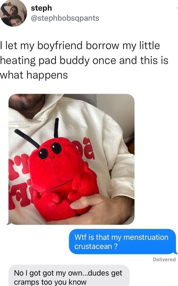 steph stephbobsgpants let my boyfriend borrow my little heating pad buddy once and this is what happens Delivered No got got my owndudes get cramps too you know