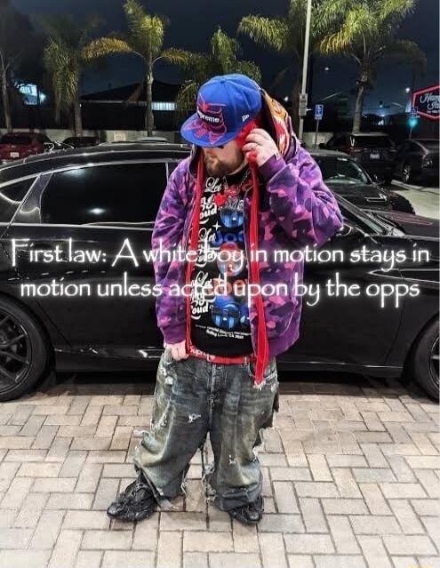 First law: A whiteboy in motion stays in motion unless acted upon by the opps