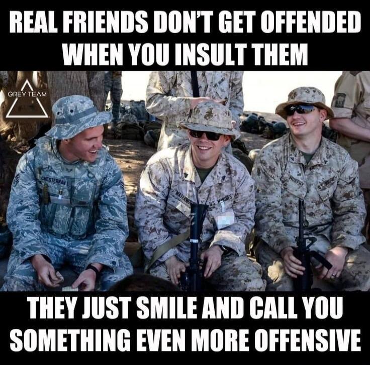 REAL FRIENDS DON'T GET OFFENDED WHEN YOU INSULT THEM THEY JUST SMILE AND CALL YOU SOMETHING EVEN MORE OFFENSIVE GREY TEAM