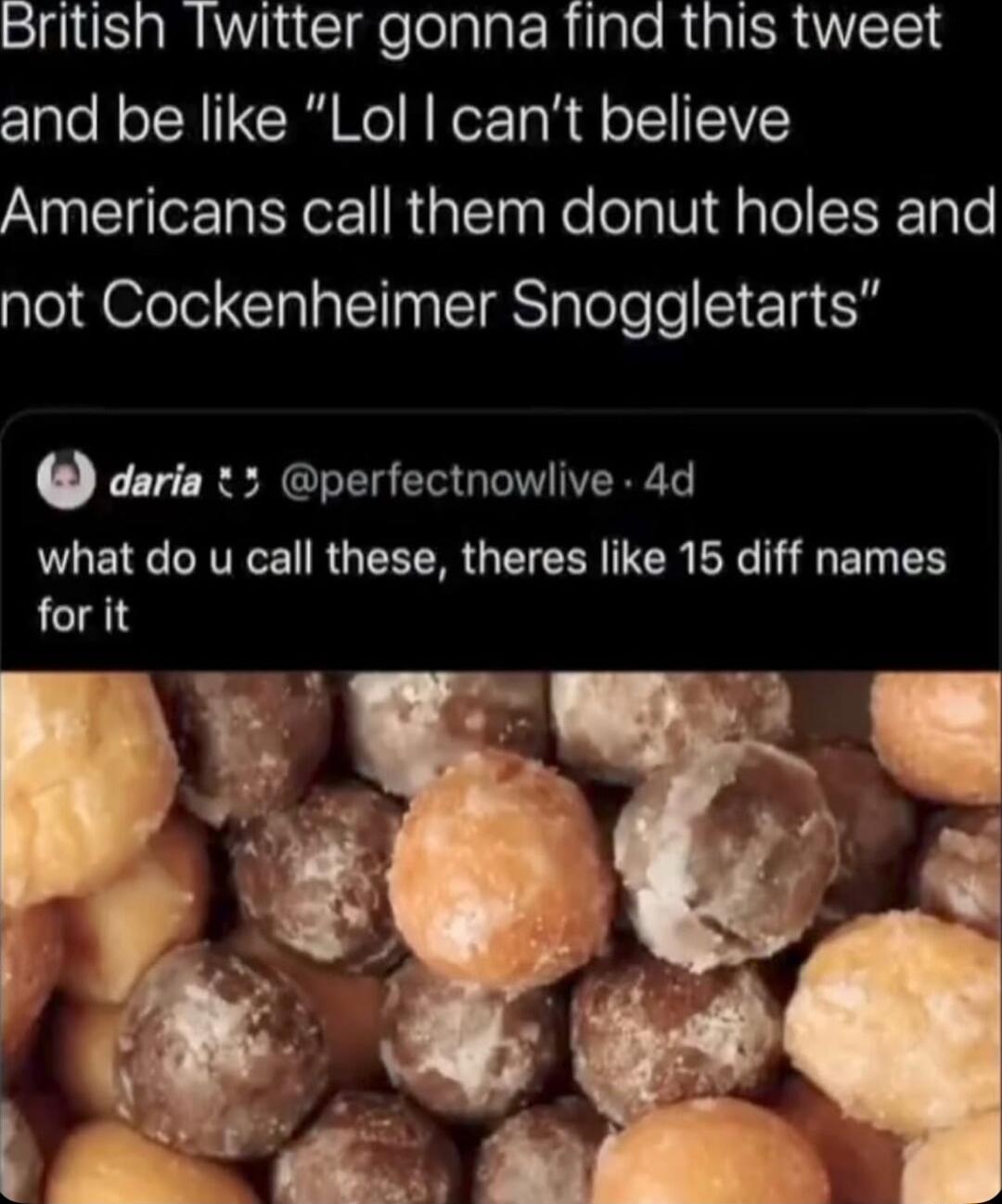 SIS sl CIgelelalatRilale RUaIERTEINS and be like Lol cant believe Americans call them donut holes and not Cockenheimer Snoggletarts 0 daria 5 perfectnowlive 4d what do u call these theres like 15 diff names for it