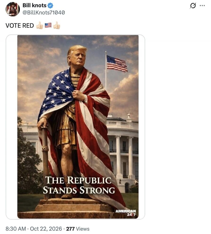 Bill knots @BillKnots71040 VOTE RED THE REPUBLIC STANDS STRONG AMERICAN 24/7 8:30 AM Oct 22, 2026 277 Views