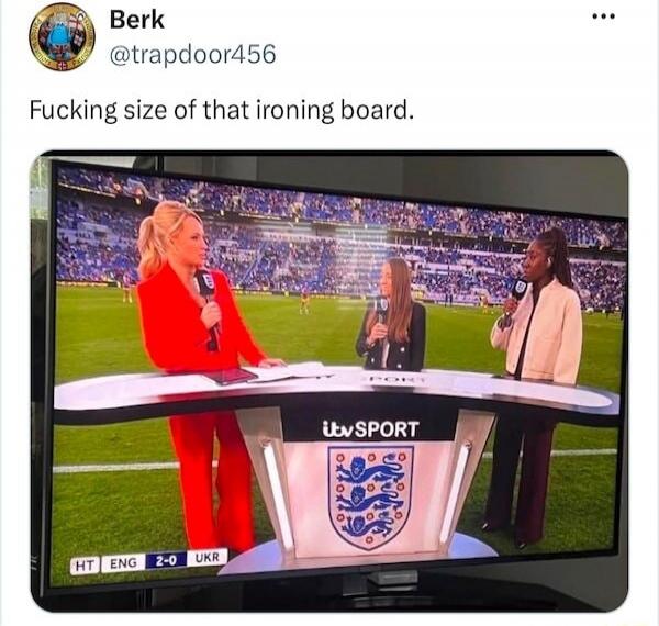 Berk @trapdoor456 Fucking size of that ironing board. ItvSPORT HT ENG 2-0 UKR