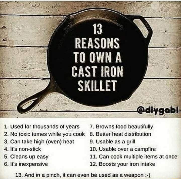 REASONS TO OWN A CAST IRON SKILLE 1 Used for thousands of years 7 Browns food beautifully 2 No toxic fumes while you cook 8 Better heat distribution 3 Can take high oven heat 9 Usable as a grill 4 Its non slick 10 Usable over a campfire 5 Cleans up easy 11 Can cook multiple items at once 6 IUs inexpensive 12 Boosts your iron intake 13 And in a pinch it can even be used as a weapon