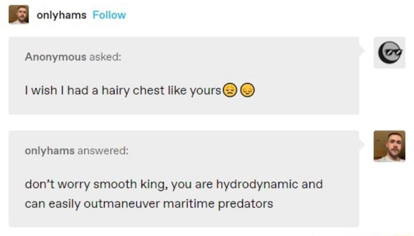 B oniyhams Follon Anonymous aked I wish had a hairy chest like yours dont worry smooth king you are hydrodynamic and can easily outmaneuver maritime predators