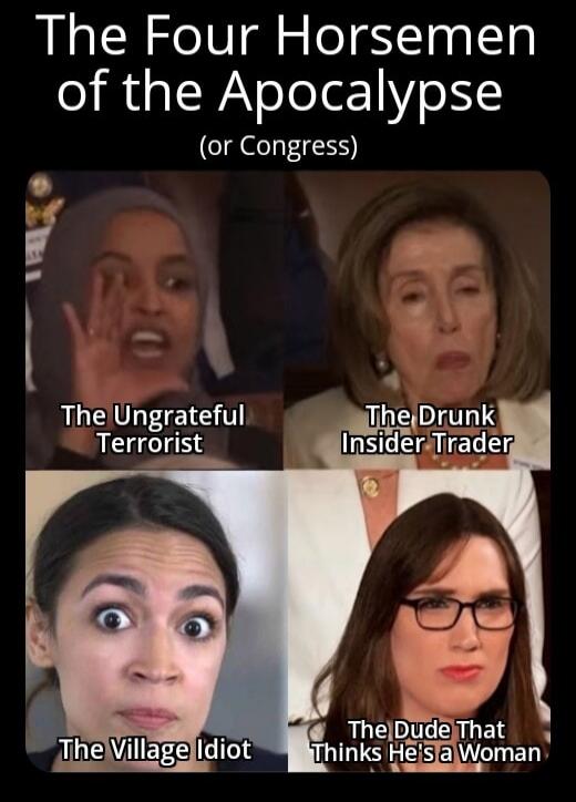 The Four Horsemen of the Apocalypse (or Congress) The Ungrateful Terrorist The Drunk Insider Trader The Village Idiot The Dude That Thinks He's a Woman