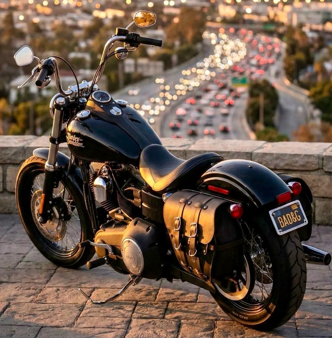 A black motorcycle parked on a stone ledge with a scenic cityscape and freeway traffic in the background.