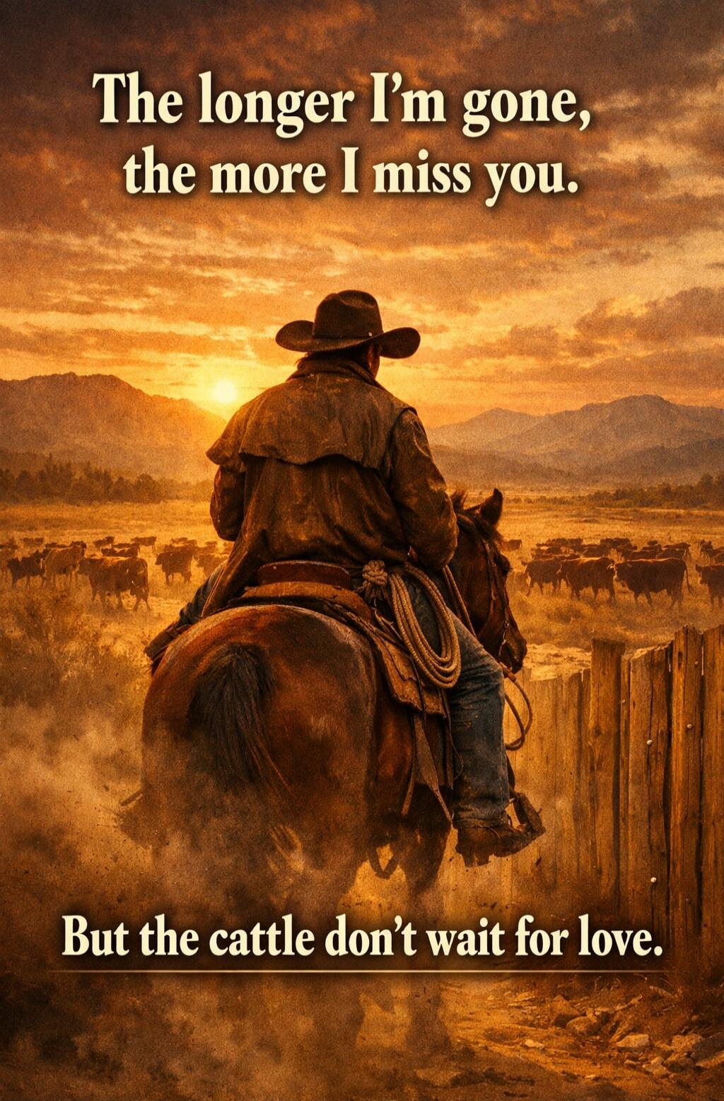 The longer I'm gone, the more I miss you. But the cattle don't wait for love.