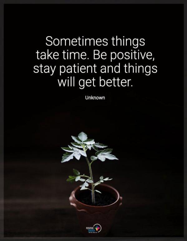 Sometimes things take time. Be positive, stay patient and things will get better. Unknown. Positive Energy.