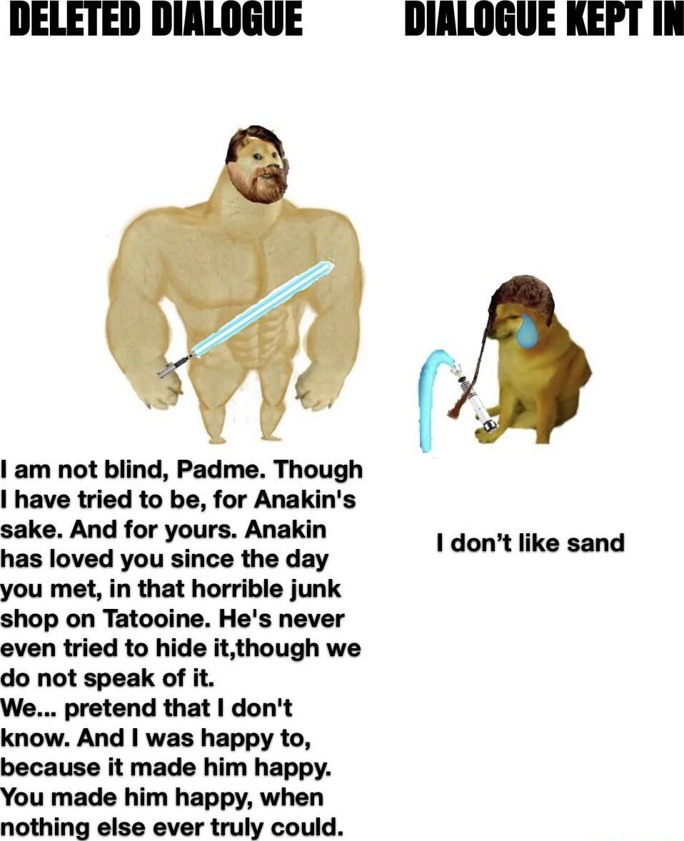 am not blind Padme Though have tried to be for Anakins sake And for yours Anakin has loved you since the day you met in that horrible junk shop on Tatooine Hes never even tried to hide itthough we do not speak of it We pretend that dont know And was happy to because it made him happy You made him happy when nothing else ever truly could I dont like sand