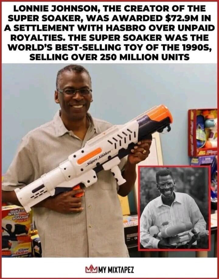 LONNIE JOHNSON, THE CREATOR OF THE SUPER SOAKER, WAS AWARDED $72.9M IN A SETTLEMENT WITH HASBRO OVER UNPAID ROYALTIES. THE SUPER SOAKER WAS THE WORLD'S BEST-SELLING TOY OF THE 1990S, SELLING OVER 250 MILLION UNITS